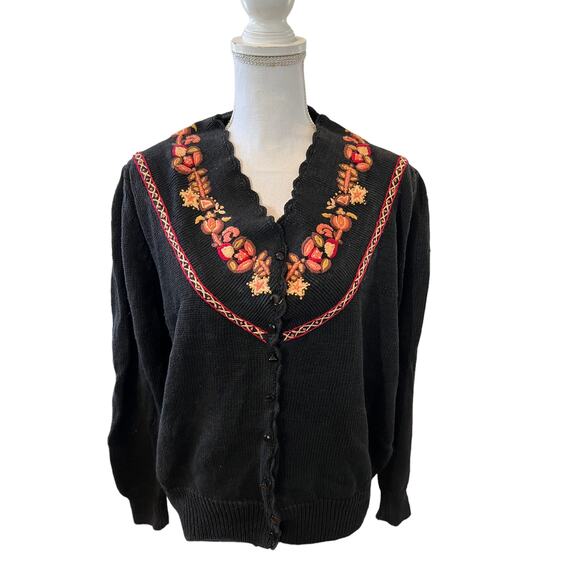 Vintage Hand Knit Worthington Dark Floral Cardigan Sweater - Picture 1 of 8